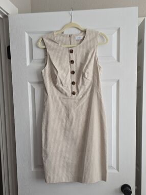 Calvin Klein Beige Pinstripe Midi Dress with Front Buttons